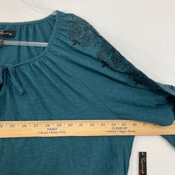 New French Laundry size 1X Teal Embroidered Cotton Stretch Tie Front Blouse - Picture 6 of 9